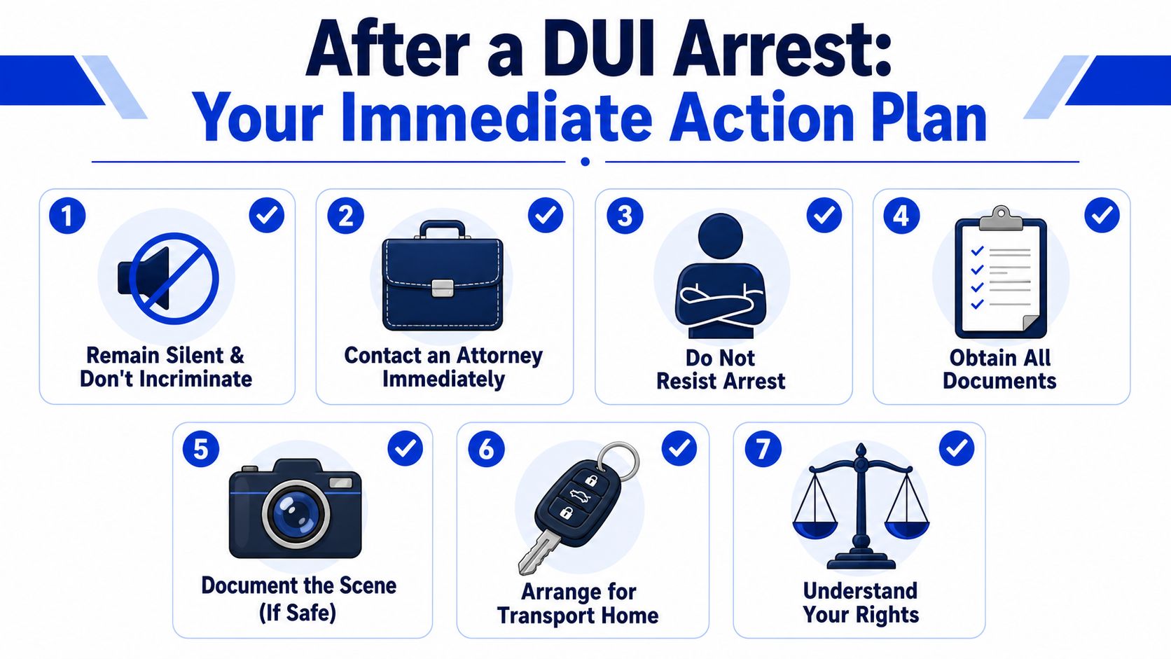 An infographic detailing seven essential steps to take immediately following a DUI arrest for legal protection.