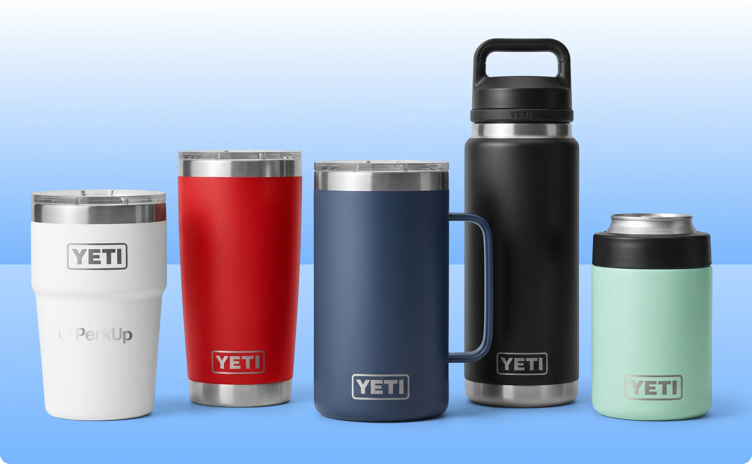 Five YETI drinkware in different styles and colors.