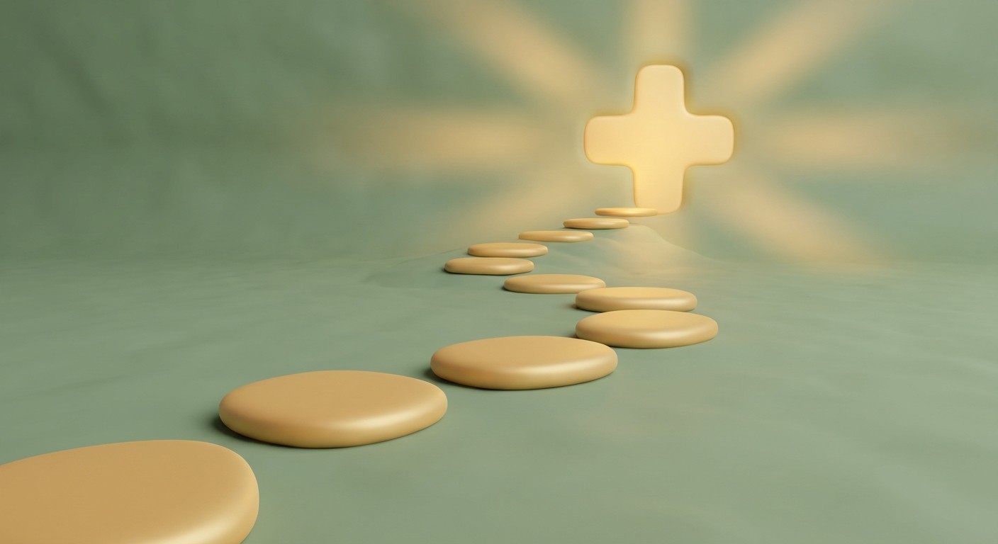 एक आश्वस्त करने वाली 3D चित्रण जिसमें एक प्रकाशित मार्ग एक नरम medical cross की ओर ले जा रहा है, जो guided clinical assessment का प्रतिनिधित्व करता है।