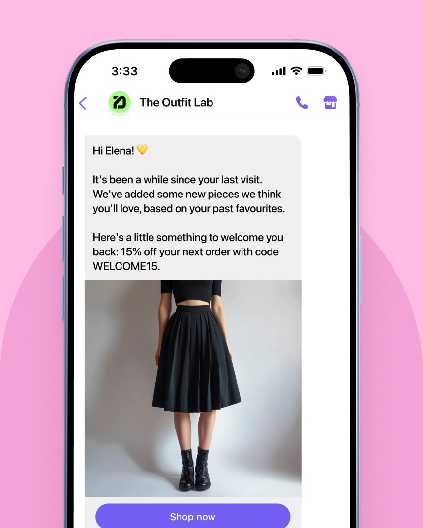 Viber messaging campaign showcasing a personalized message that aims to help a fashion e-commerce store recover abandoned carts.