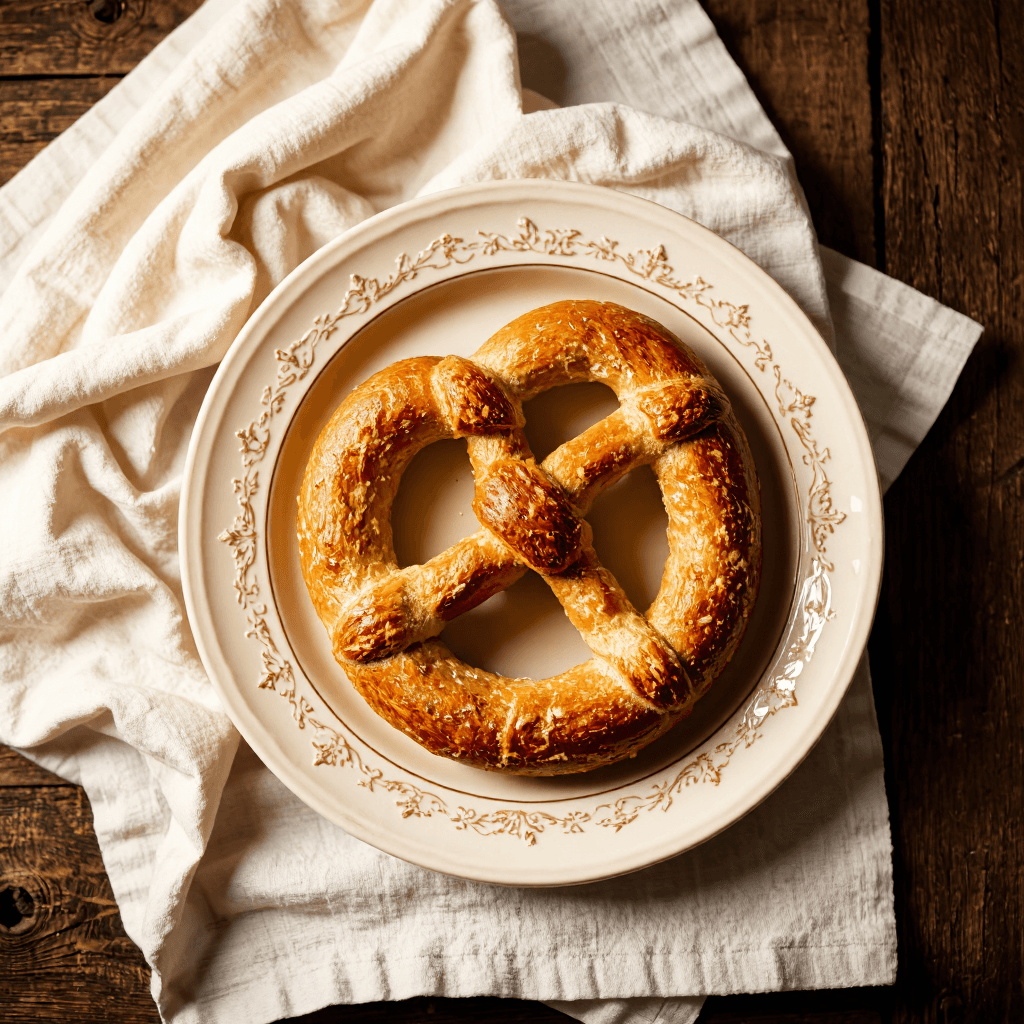 product photography of a baked pretzel on a decorative plate