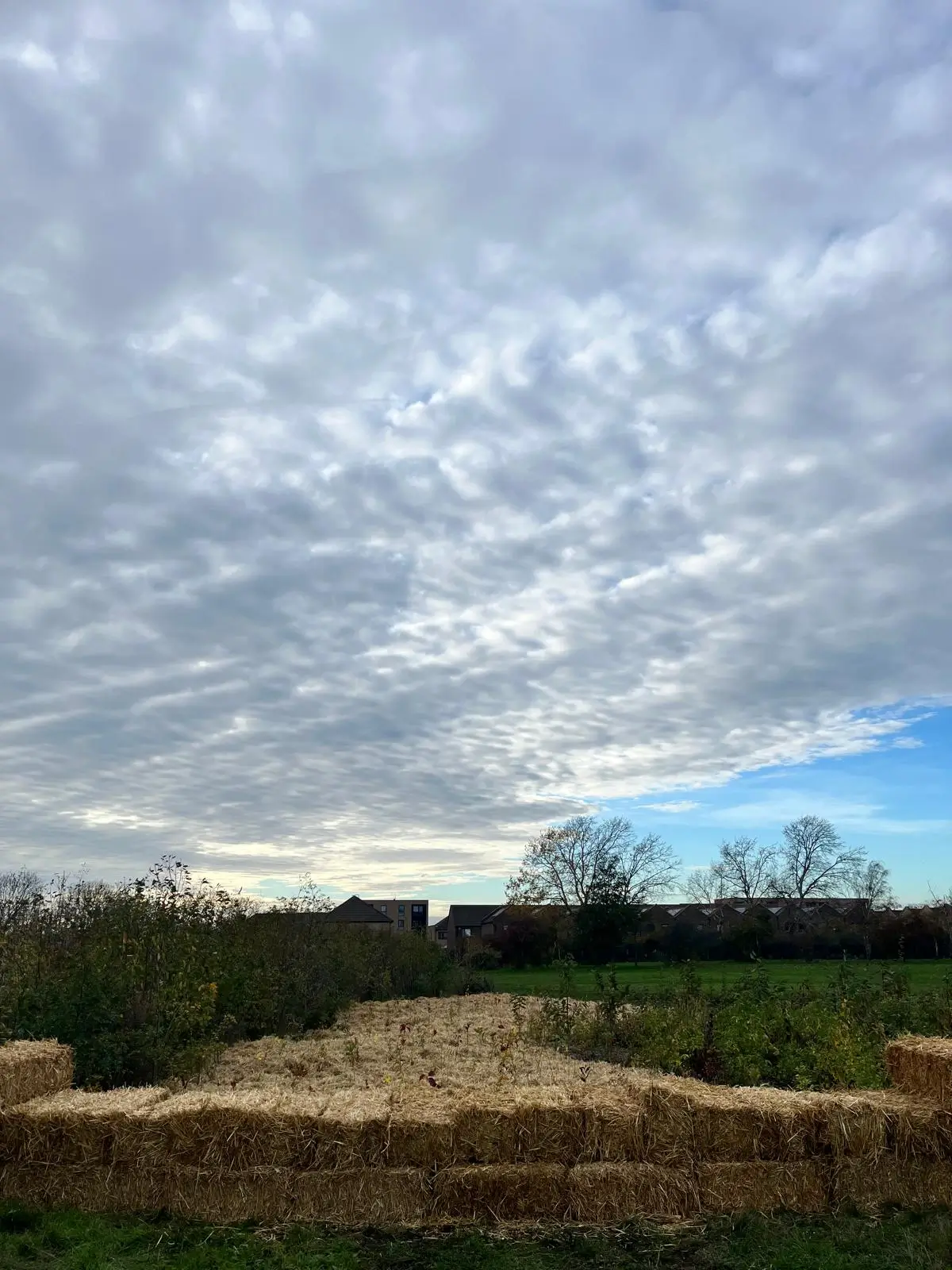 A cloudy sky with patches of blue, above a grassy landscape with a dirt path visible in the foreground.
