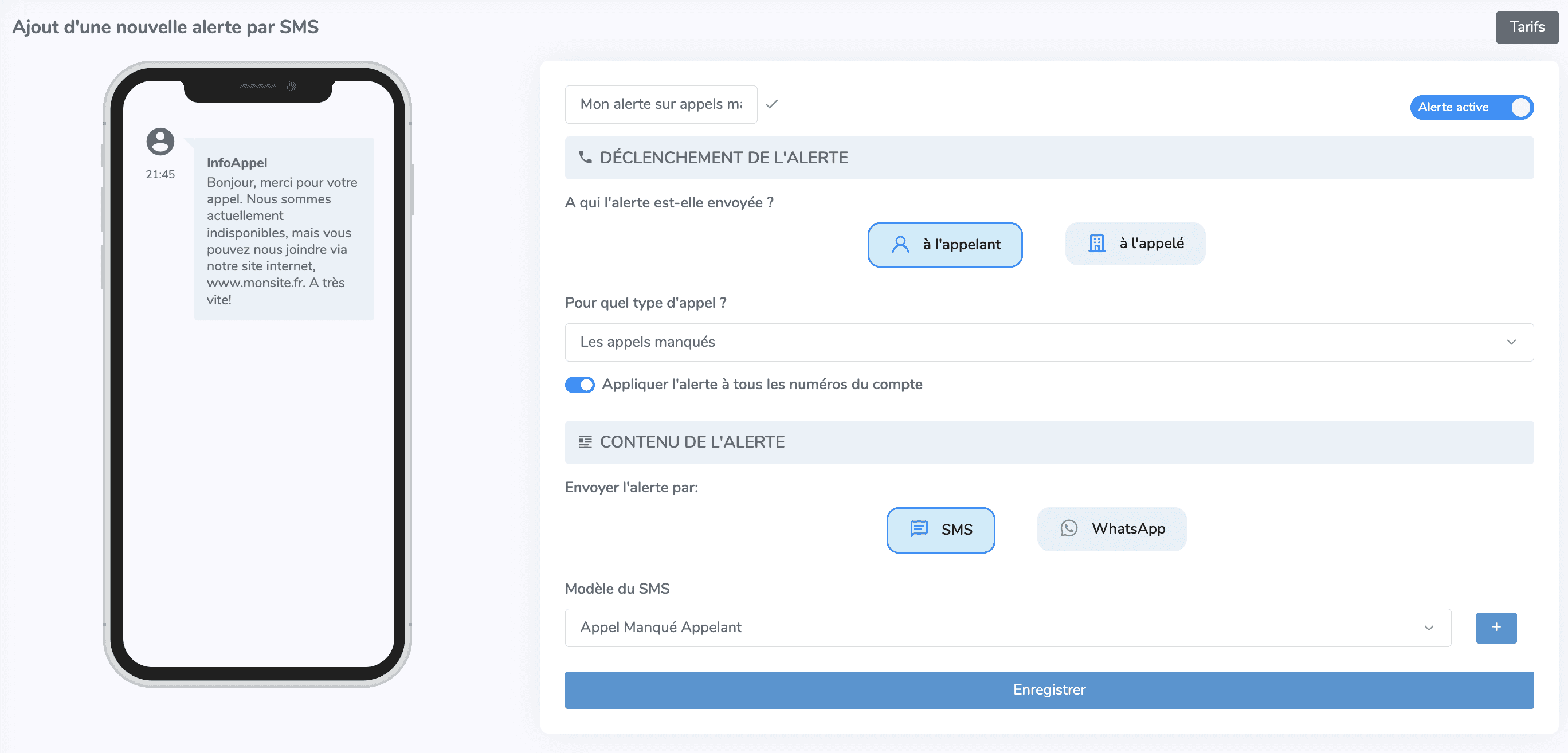 Interface configuration alertes SMS Magnétis