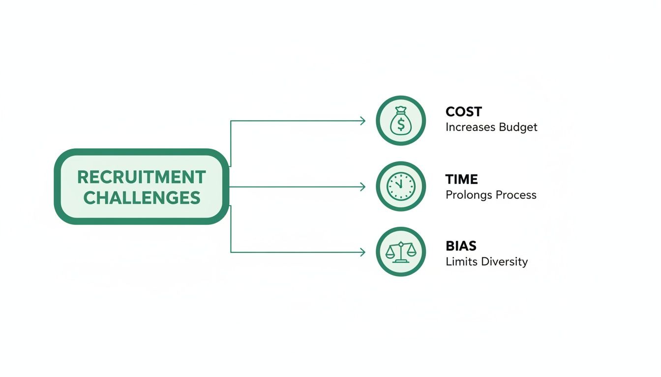A diagram illustrating the three main recruitment challenges: cost, time, and bias, with their descriptions.