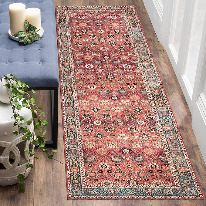 Red and black runner rug brings elegance and charm to any space.