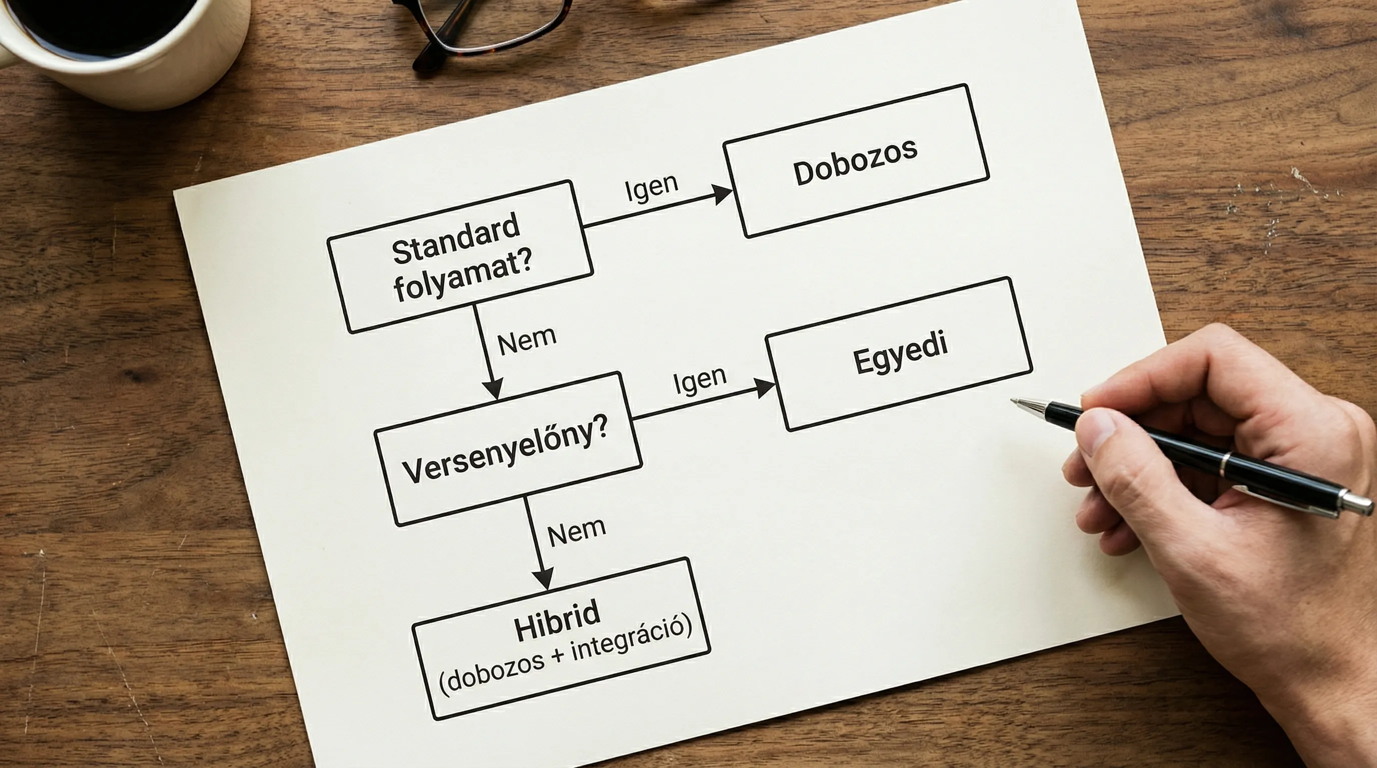 Egyszerű döntési folyamatábra: bal oldalon „Standard folyamat?” kérdés, igen ág „Dobozos”; nem ág „Versenyelőny?” kérdés, igen ág „Egyedi”; nem ág „Hibrid (dobozos + integráció)” döntés.