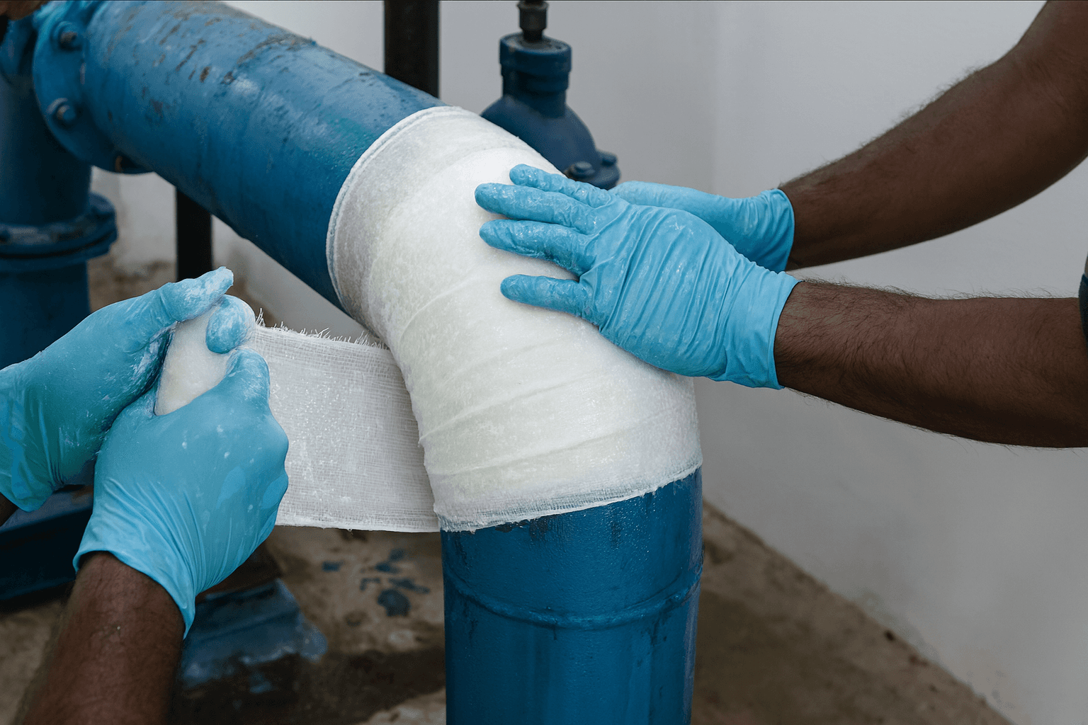 Encanador realizando reparo rápido em cano de PVC com fita de vedação sem quebrar parede