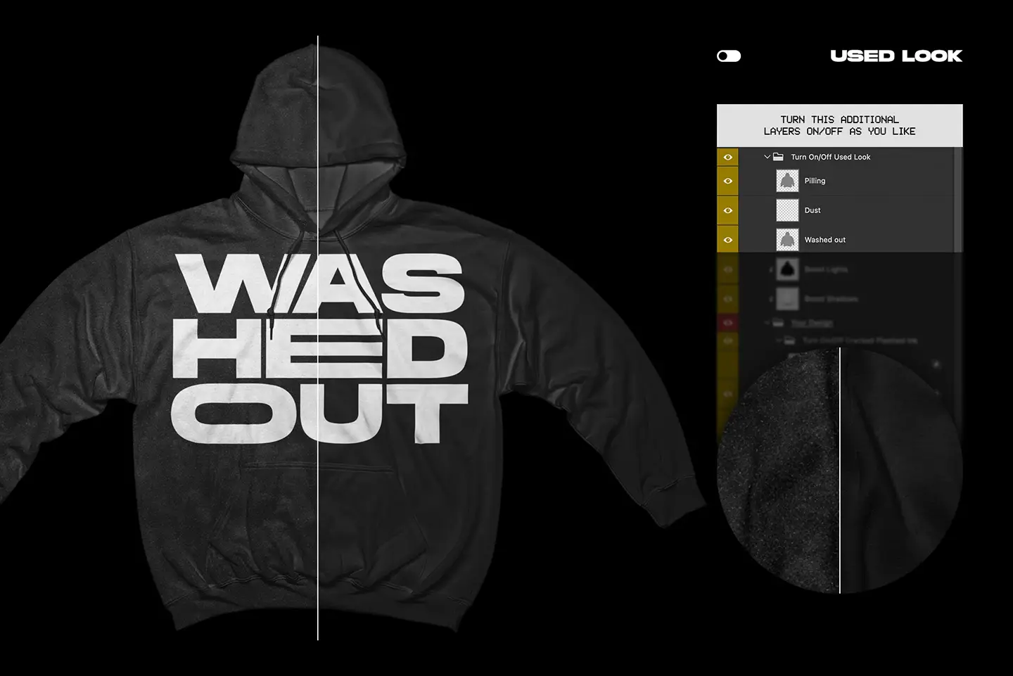 Gildan 18500 Hoodie Wide Arms mockup used fabric look with worn texture