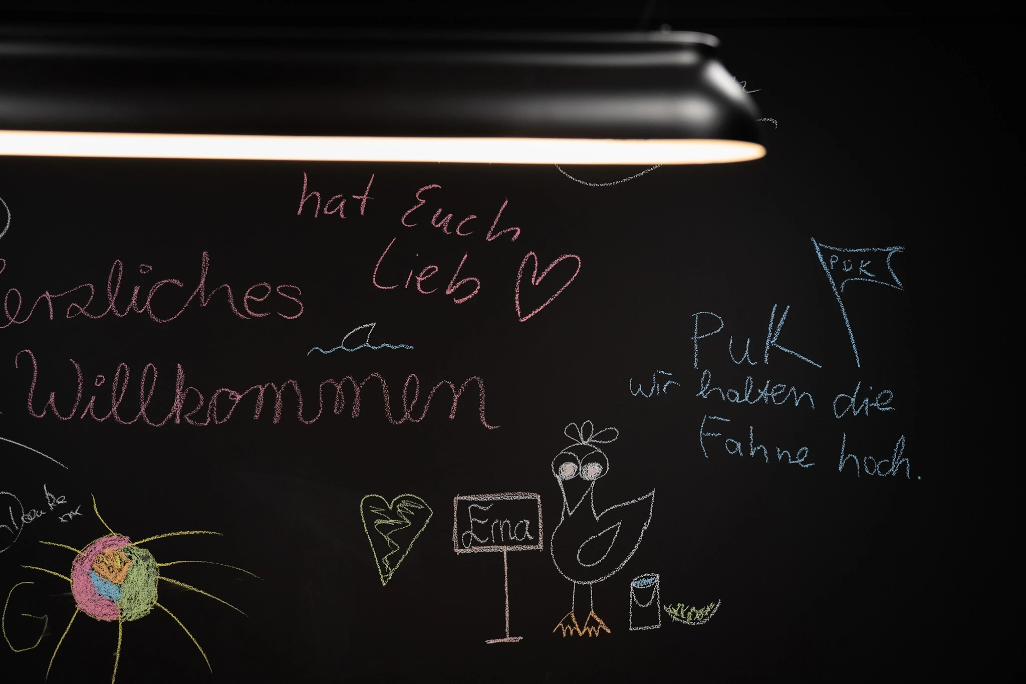 Detail of a black chalkboard wall at NFON with colourful welcome messages and doodles in chalk, including a bird drawing and a flag, lit by a black pendant lamp.