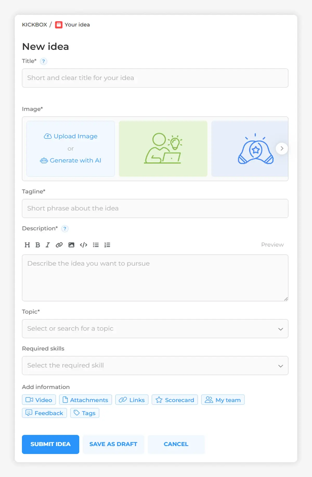 Online form interface for submitting a new idea, including fields for title, image, tagline, description, topic, and skills.