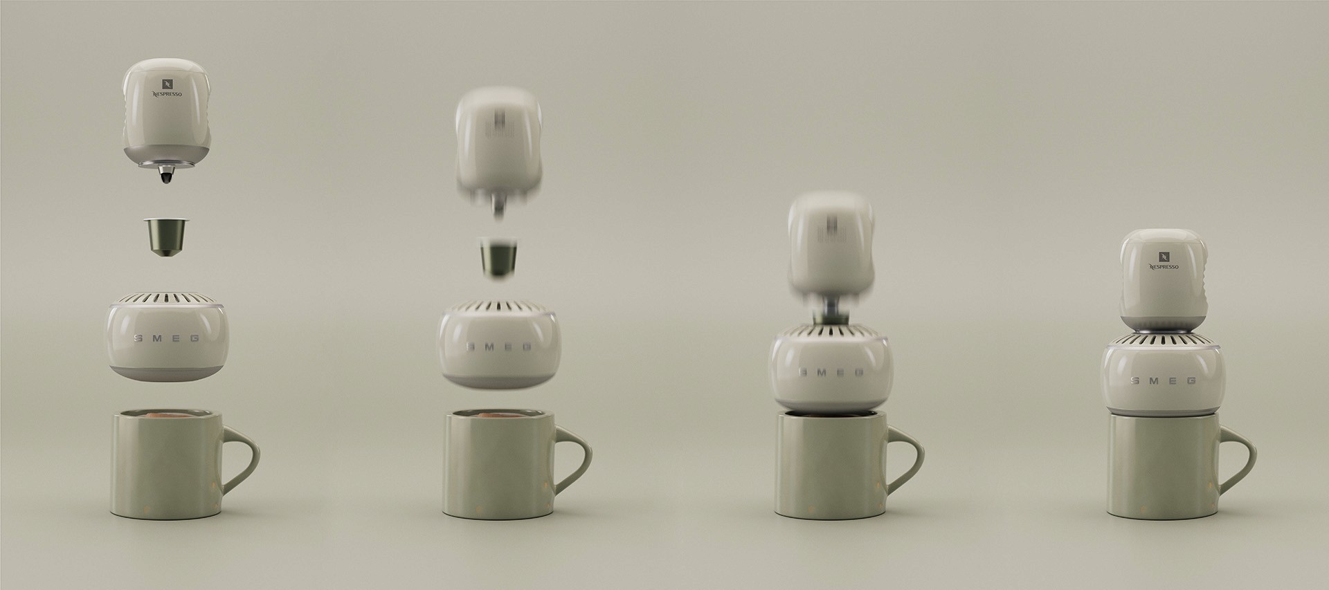 Lineup of modular espresso machines showing vertical assembly with matching cups