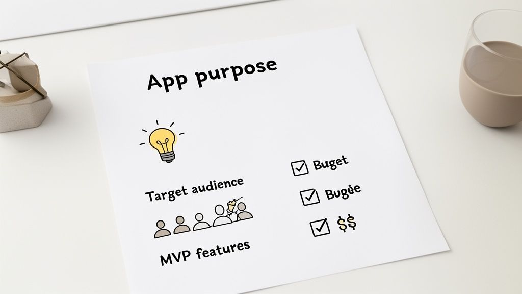 A paper outlines 'App purpose' with sections for ideas, target audience, and MVP features.