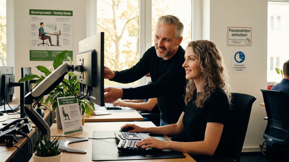 Mitarbeiter bei einer ergonomischen Arbeitsplatzberatung im Büro	