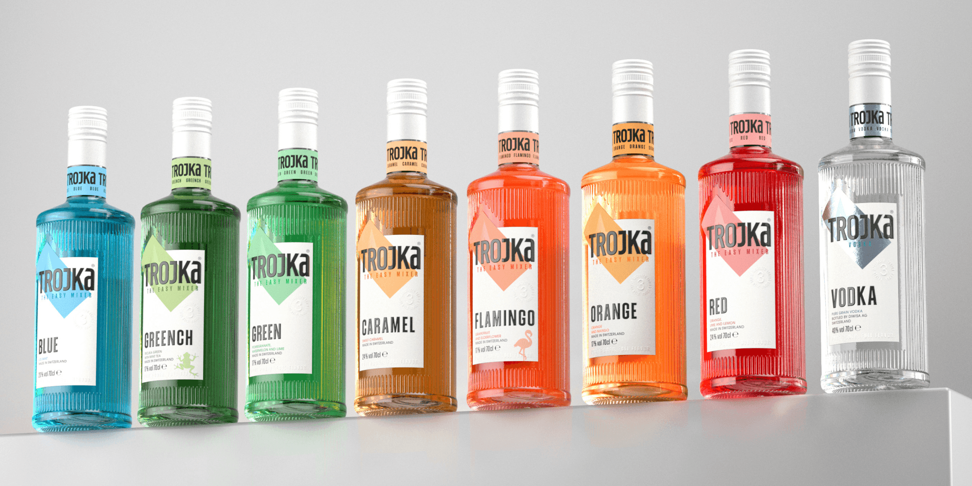 Trojka Packaging Design – Flaschen-Sortiment im farbigen Rasterlight