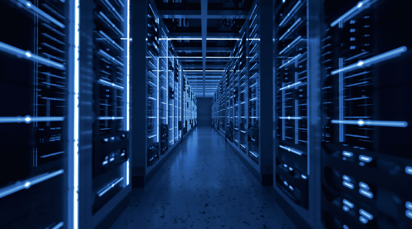 blue lit up room full of servers