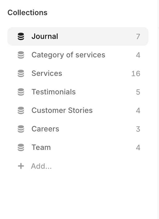 A list of collections with categories including Javascript, React, Technology, and more, along with item counts.