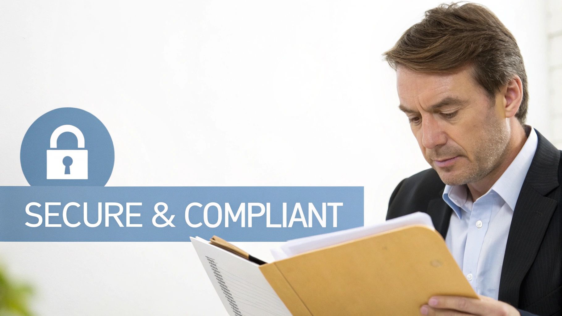 A man in a suit reviews secure and compliant documents in a folder.