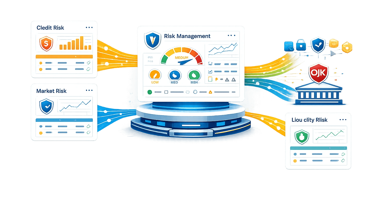 Ilustrasi integrated risk management & regulatory reporting platform. Di tengah terdapat Risk Management dashboard dengan indikator gauge risiko (Low–Medium–High), grafik tren, dan KPI. Dari sisi kiri, modul Credit Risk dan Market Risk mengalirkan data melalui jalur oranye dan biru ke pusat. Dari sisi kanan, Liquidity Risk terhubung bersama alur pelaporan aman menuju regulator (OJK) dengan ikon perisai dan enkripsi. Visual menggambarkan konsolidasi multi‑jenis risiko, pemantauan terpusat, dan pelaporan kepatuhan yang aman end‑to‑end.
