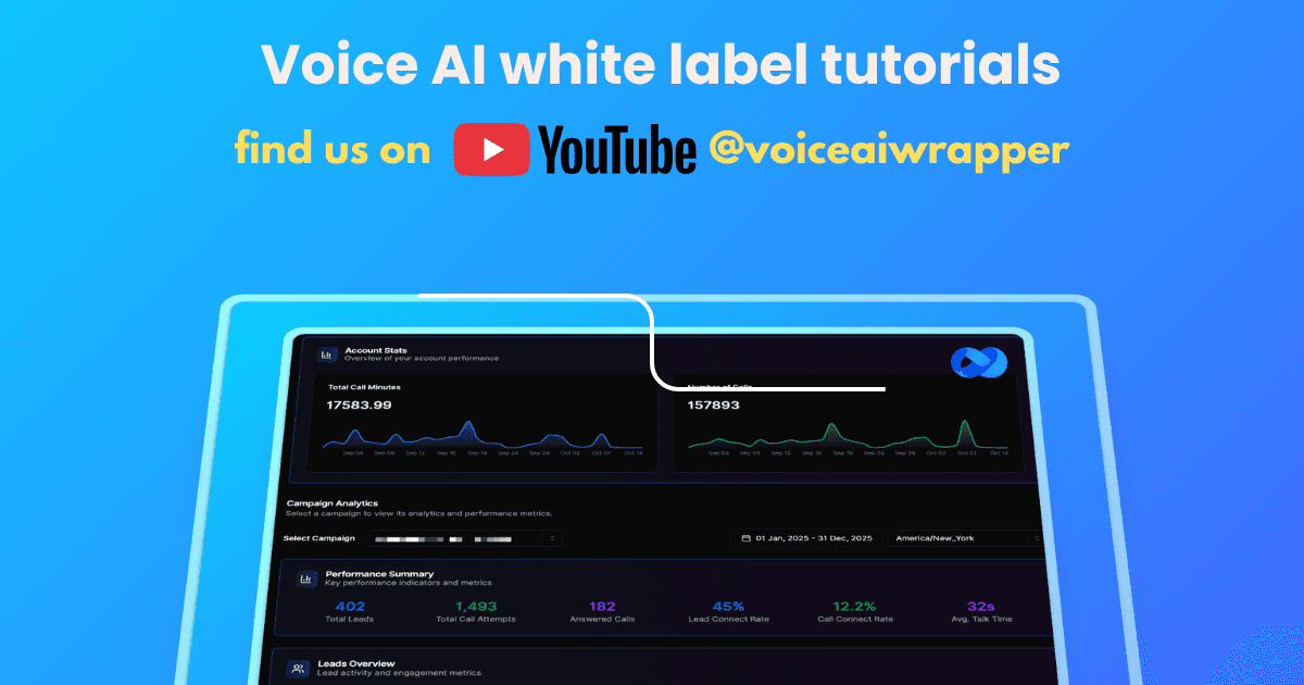 Voice AI white label tutorials by VoiceAIWrapper: graphic directing users to find tutorials on YouTube at @voiceaiWrapper. | VoiceAIWrapper.