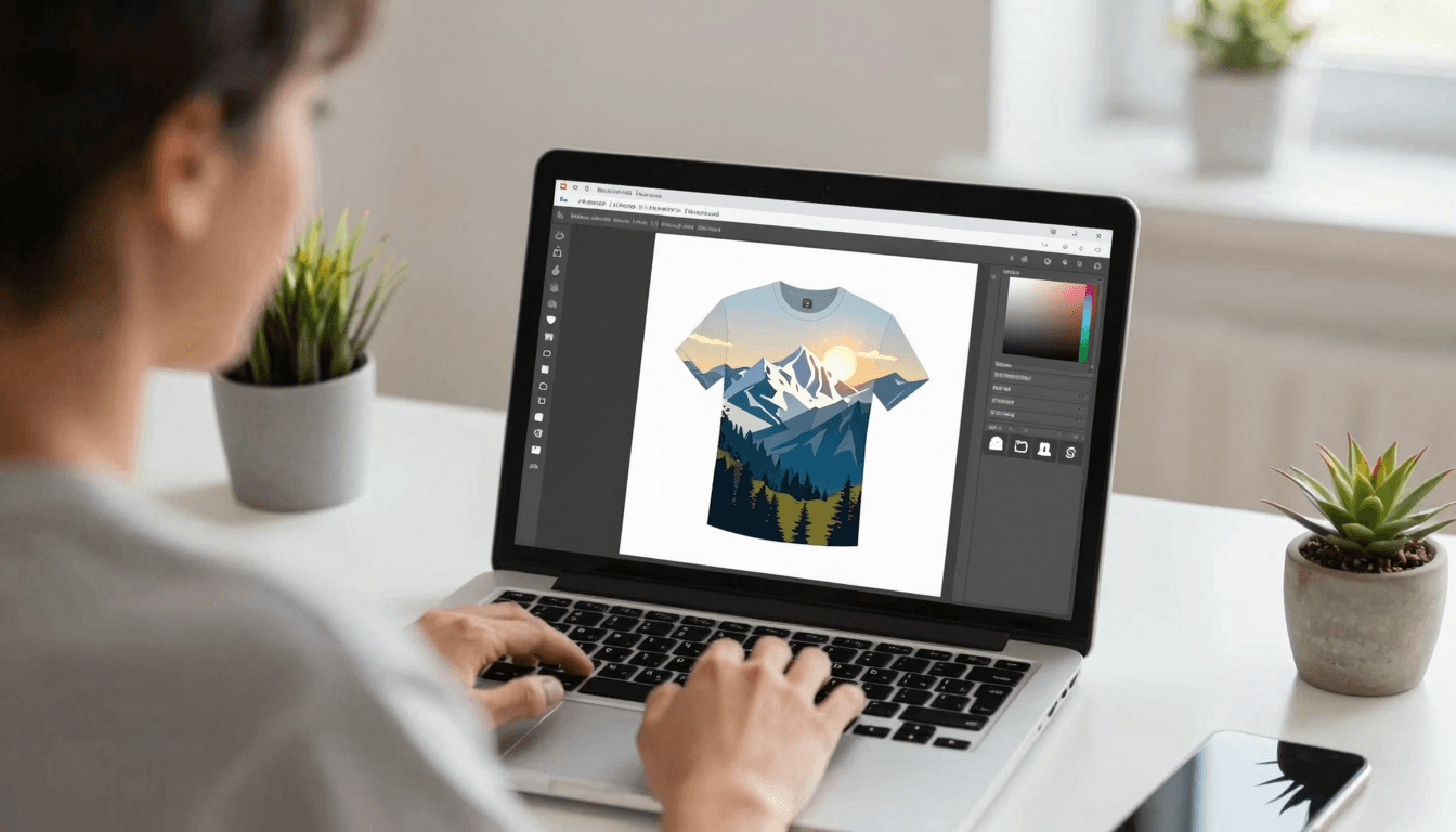 Seller smiling while using ListyStyle to create mockups on their laptop