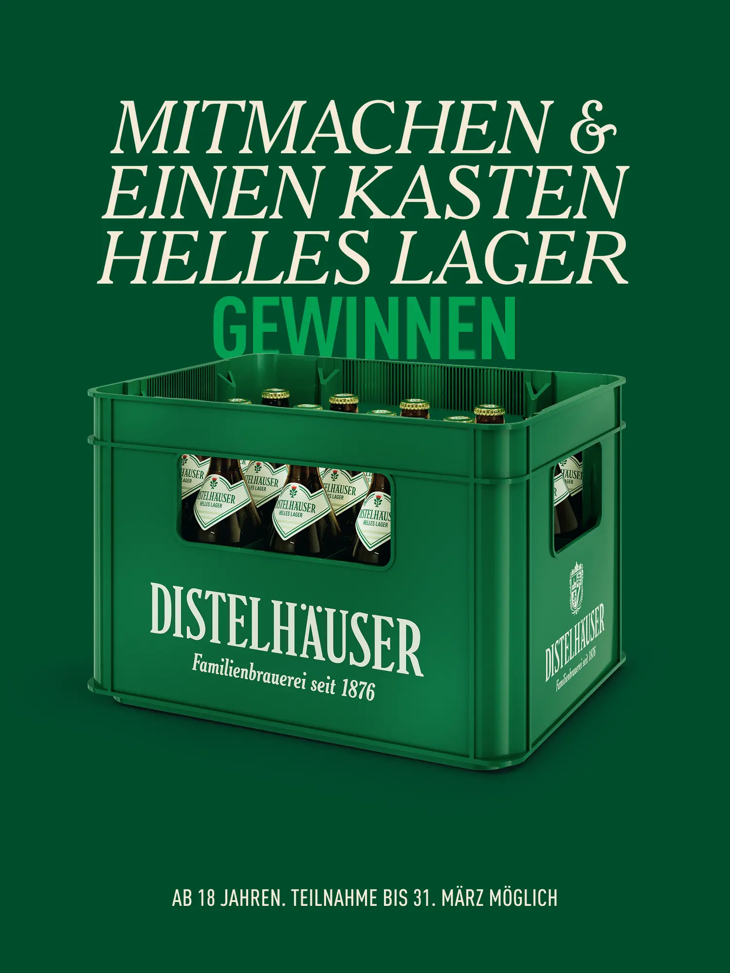 Grüne Getränkekiste mit Distelhäuser Helles Lager und Text „Mitmachen & einen Kasten Helles Lager gewinnen“