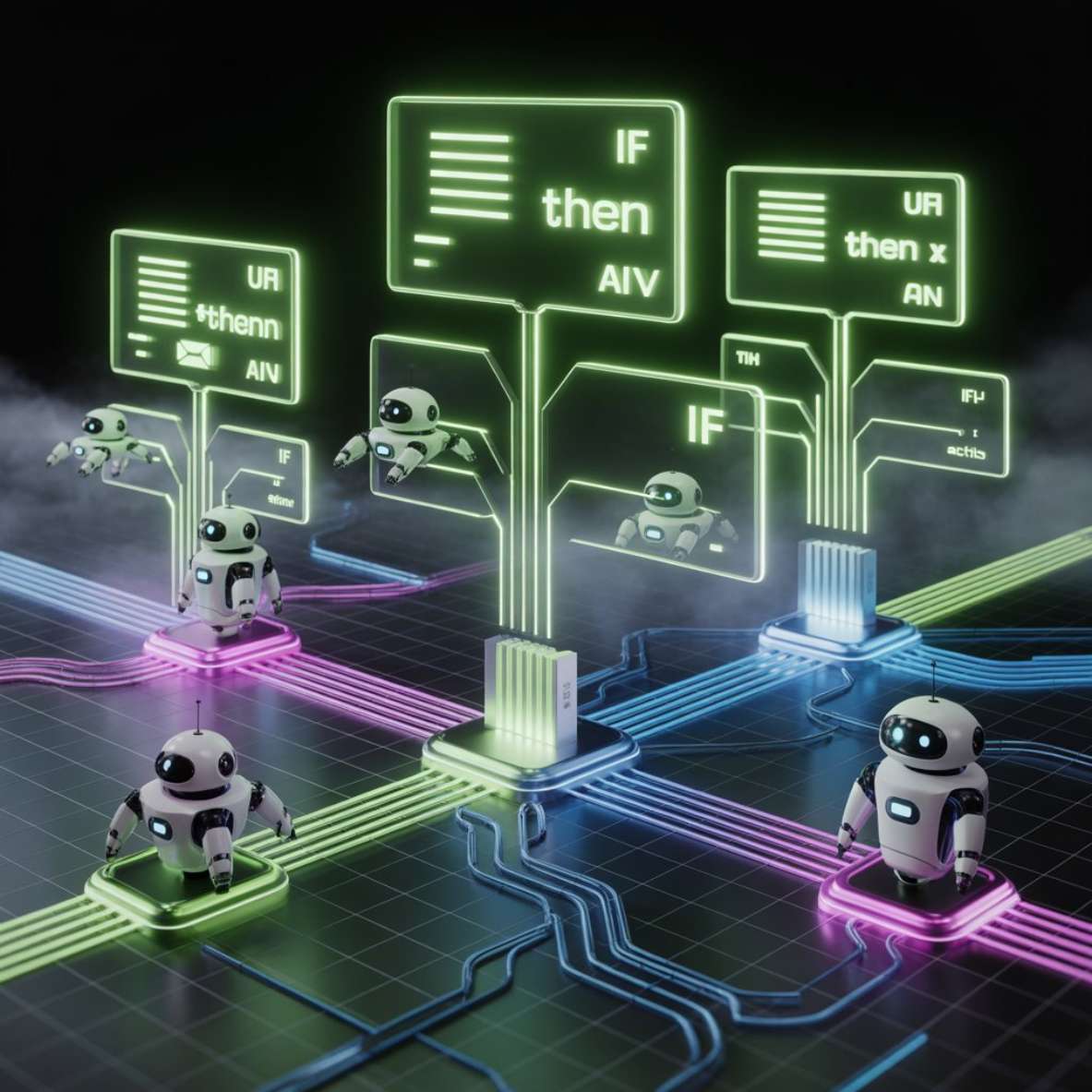 small  robots moving along wires that all connect and lead to one main core 