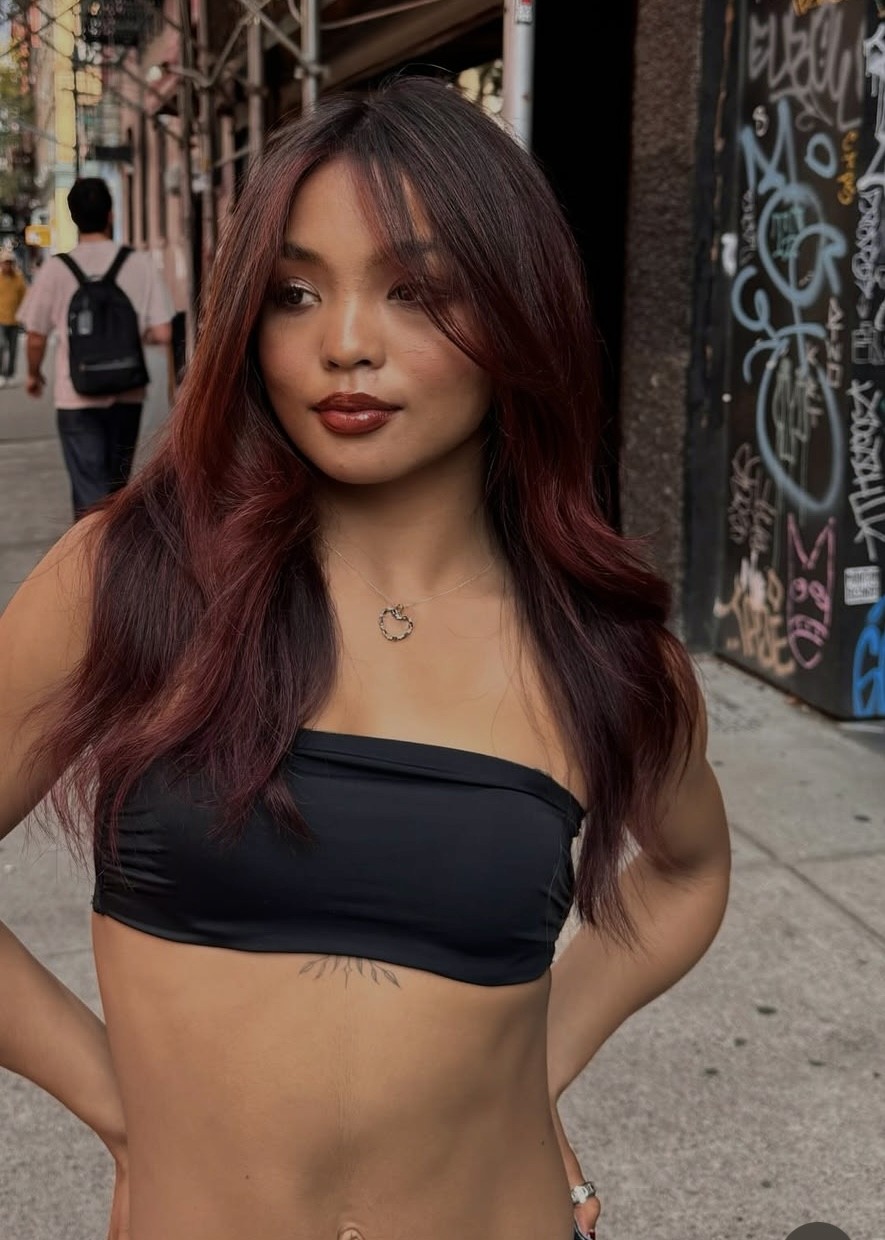 Cherry cola hair color, rich red hair transformation, full color makeover, Lower East Side salon