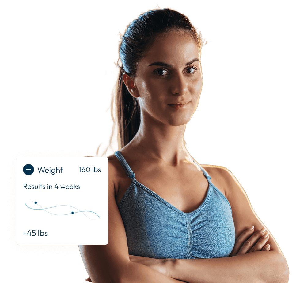 A woman with an illustration of his health metrics improvement