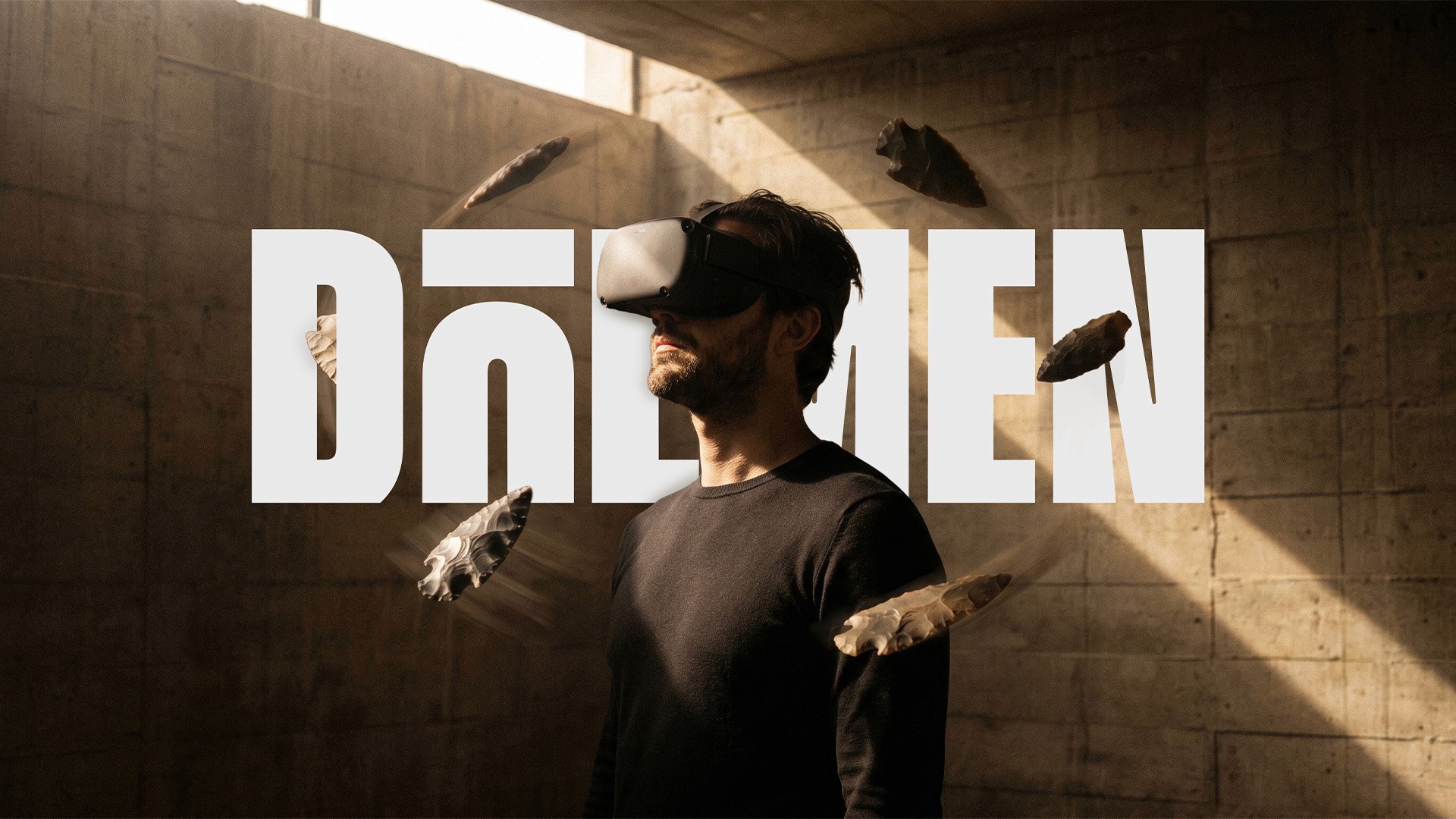 Man wearing a VR headset surrounded by floating Neolithic flint tools, key visual for the Dolmen virtual reality experience