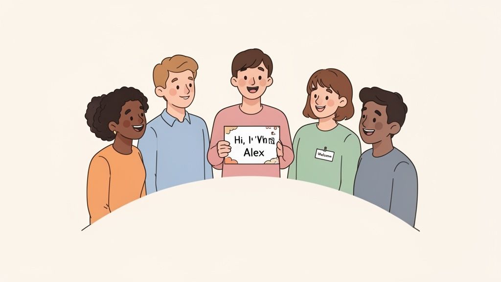 Five diverse people smiling, one holding a sign saying 'Hi, I'm Alex', another wearing a 'Welcome' name tag.