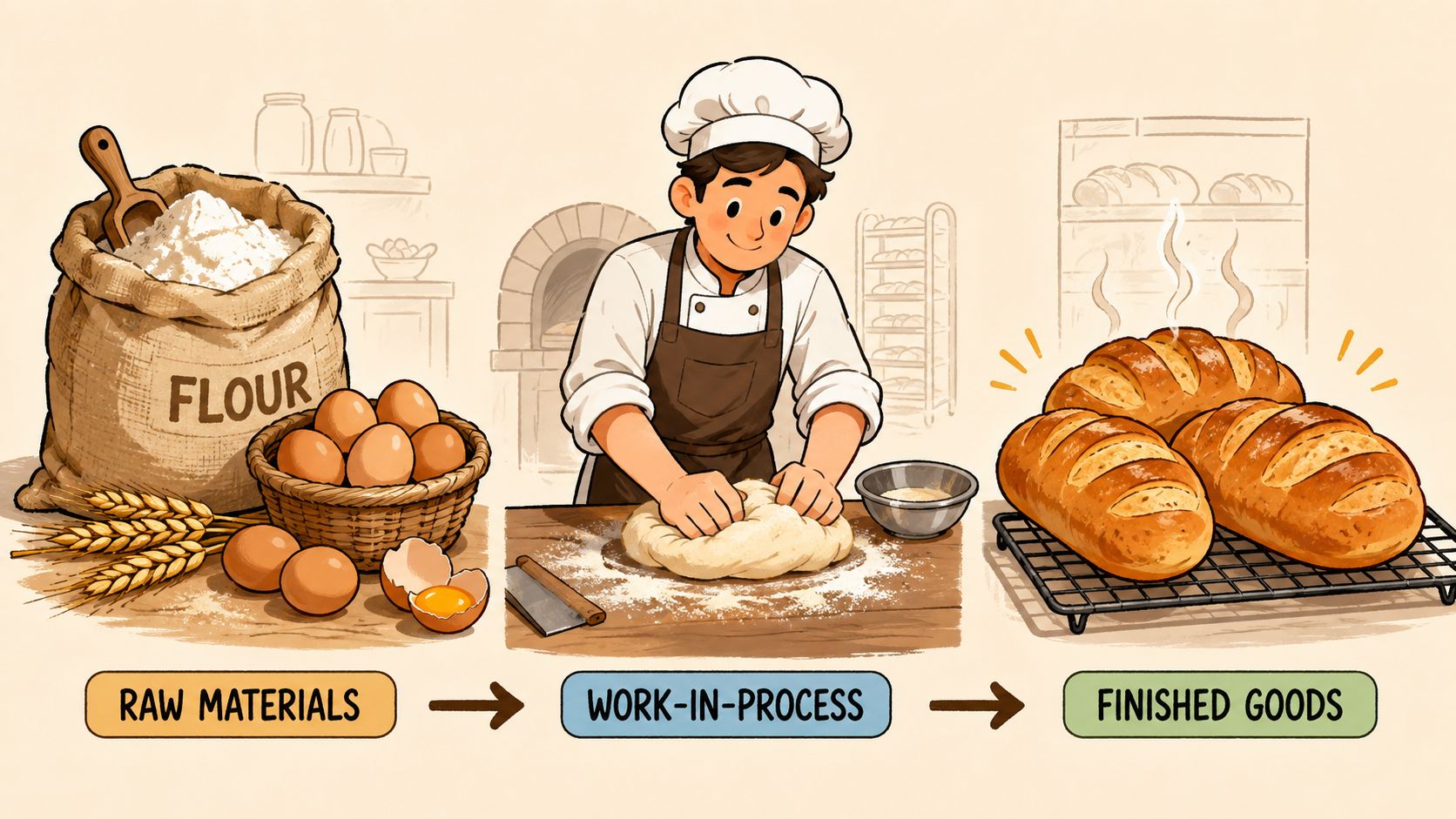 Ilustración de las etapas de inventario en una panadería: materia prima, producto en proceso y producto terminado.