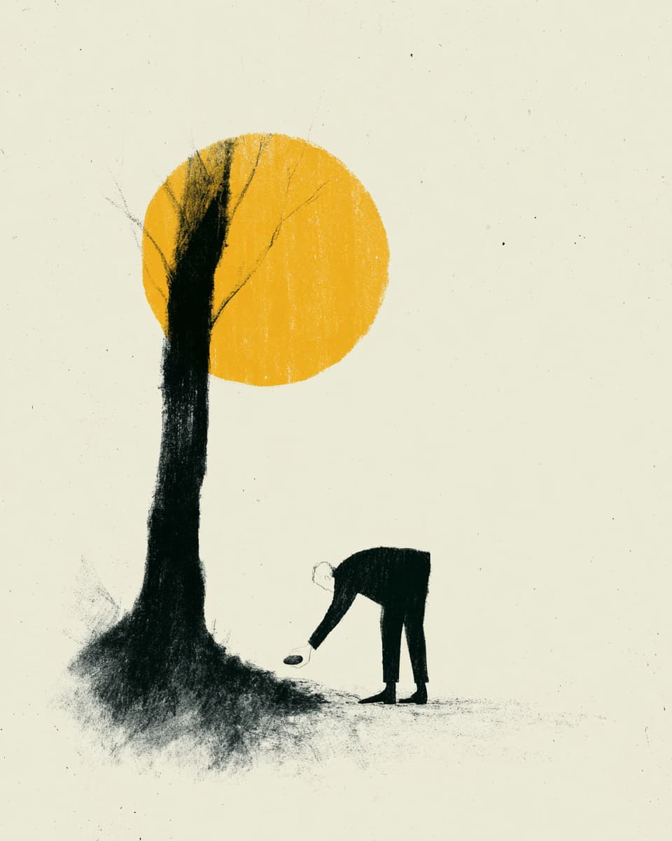 Illustration: Mann pflanzt Baum. Großer gelber Mond, Baum in Schatten. Kunst.