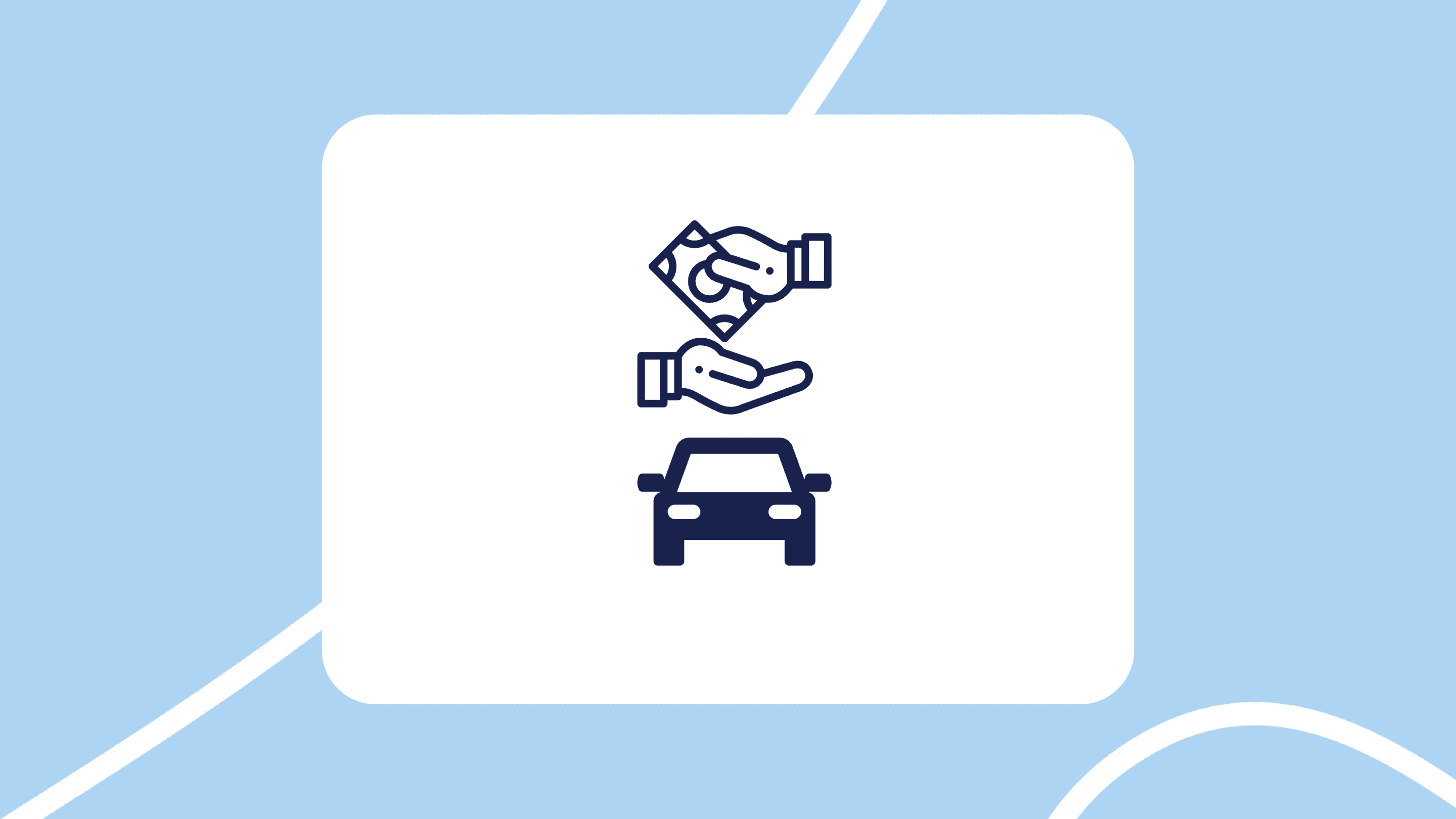 Icono minimalista: una mano entregando billetes a otra mano, encima de un coche (compra/venta o pago por un vehículo).