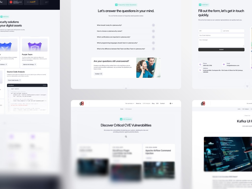 Overview of Defendzero’s services, FAQs, contact forms, and CVE insights presented in a modular layout
