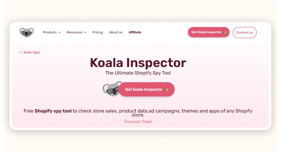 Page Koala Inspector présentant un outil espion gratuit pour Shopify.