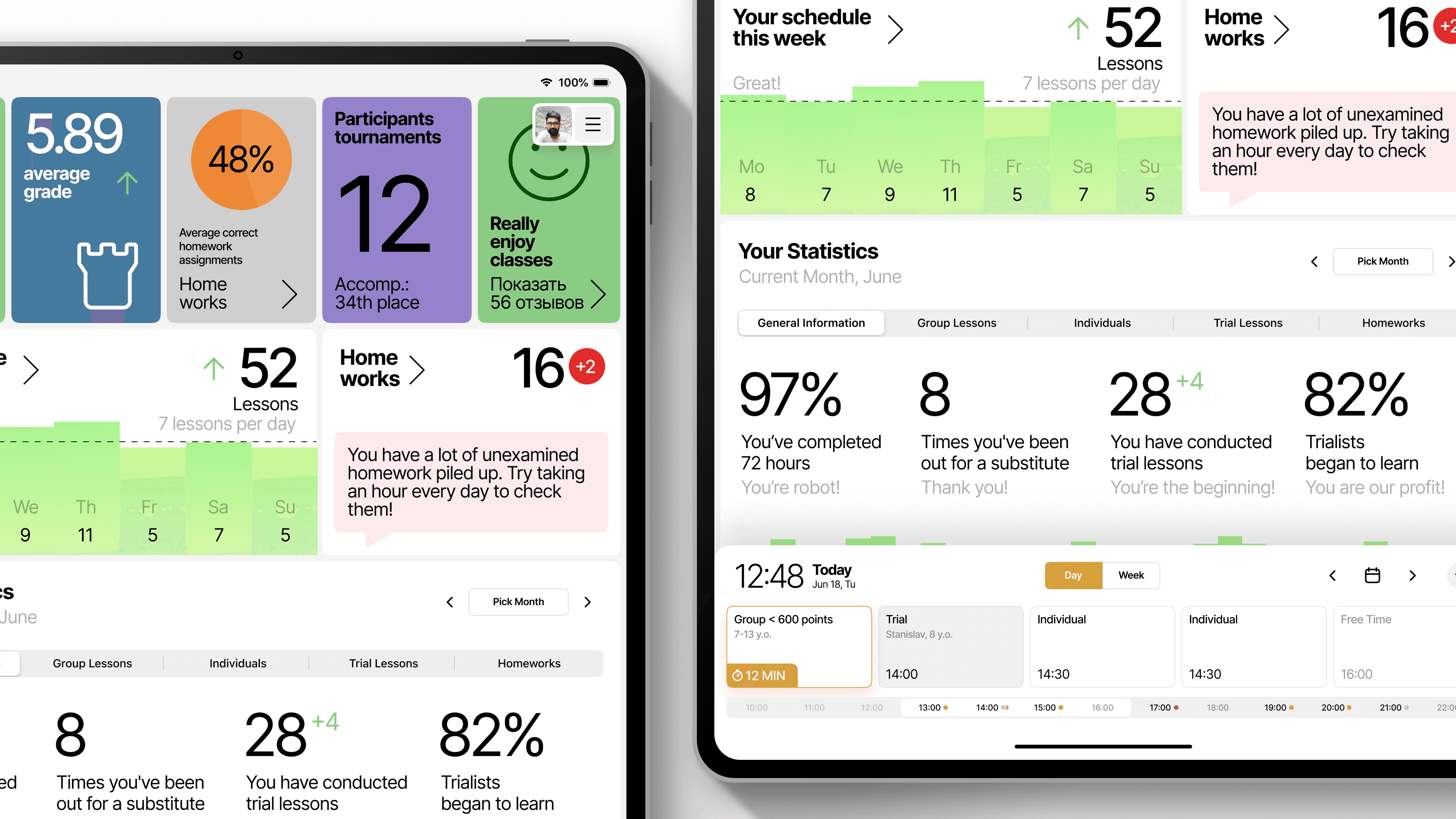 App for chess lesson teachers with student progress tracking, homework checker, note calendar and video lesson functionality