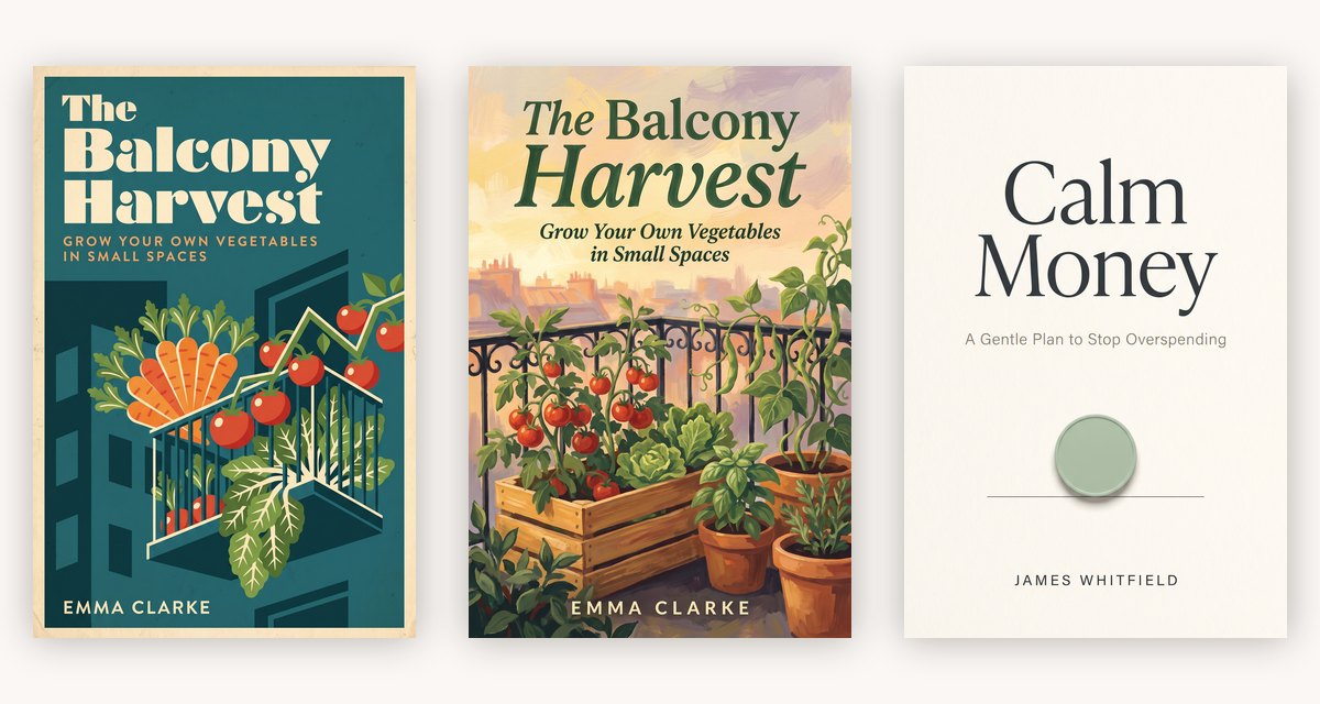 Three ebook covers made by Koobe: two styles of The Balcony Harvest and a minimal Calm Money