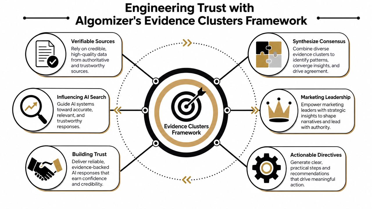 A diagram illustrating the Algomizer Evidence Clusters framework for building trust through verifiable AI search strategies.