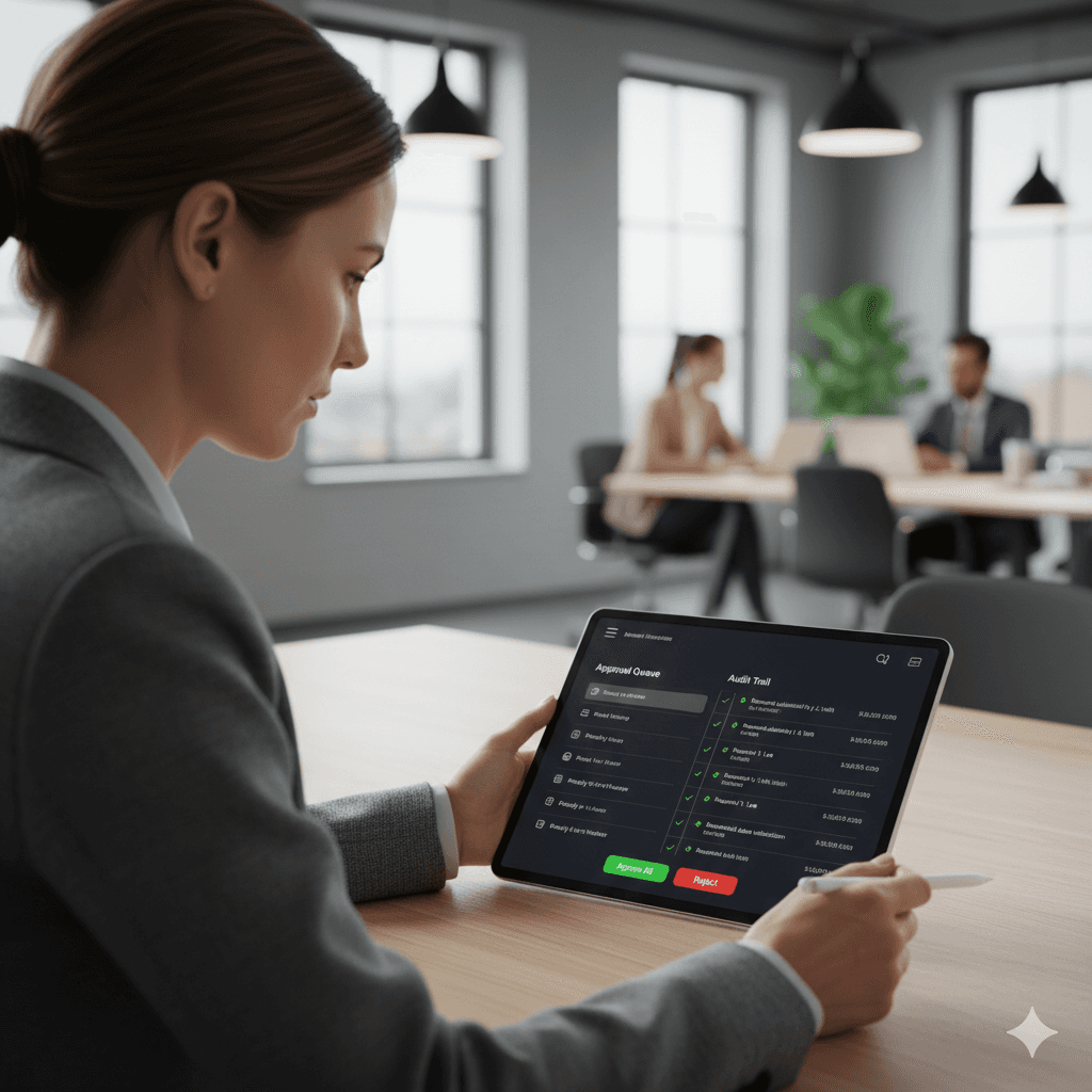 Manager reviewing and approving items on a laptop or tablet, with a clean UI showing an approval queue and clear audit trail-style timeline.