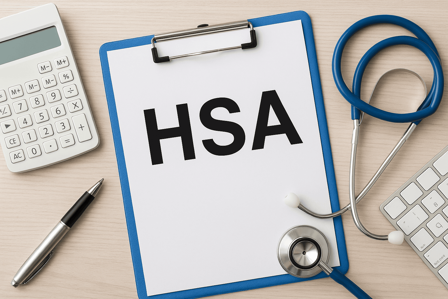A calculator, a stethoscope, and a clipboard labeled HSA sitting on a table.