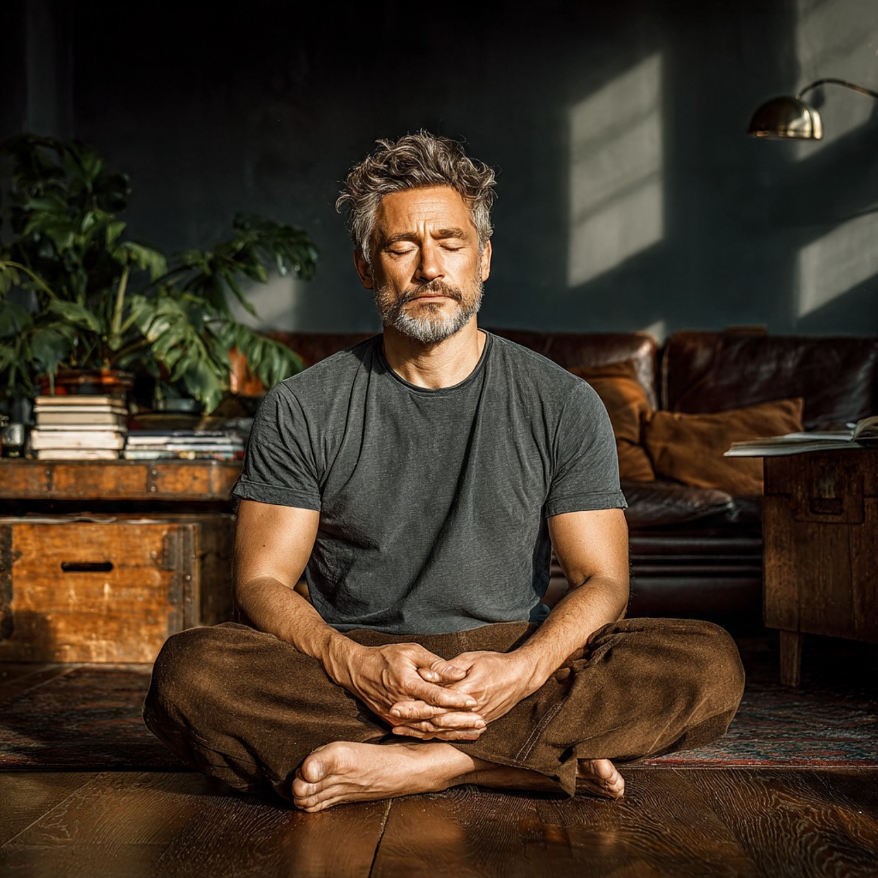 A man with a calm expression meditates in a sunlit room, seated cross-legged on a wooden floor. Potted plants and a cozy sofa are in the background.