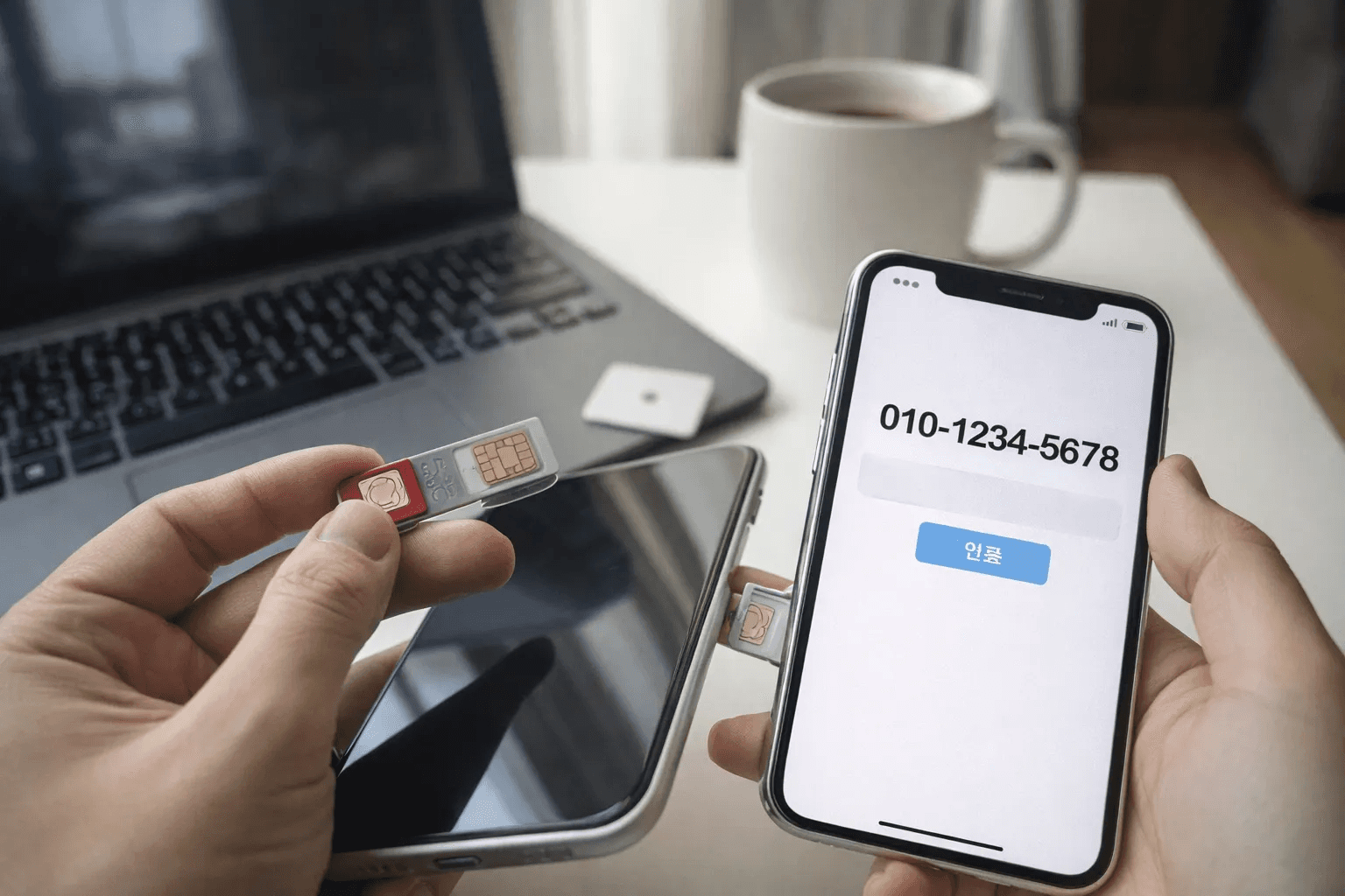 노트북이 놓인 책상에서 스마트폰의 유심을 교체하며 셀프 개통을 하는 이미지입니다. 화면에는 번호와 함께 '연결' 버튼이 보이며, 누구나 집에서 간편하게 따라 할 수 있는 알뜰폰 번호이동 방법과 알뜰폰 셀프개통 방법을 직관적으로 보여줍니다.