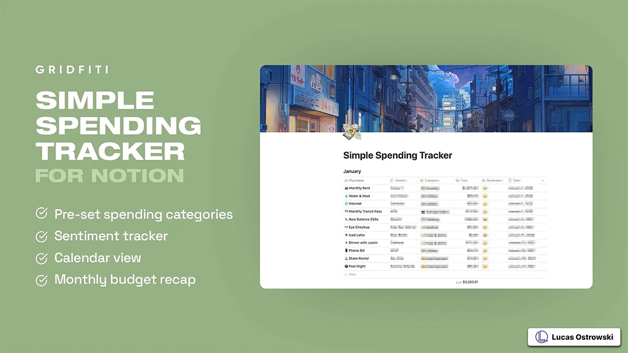 Gridfiti Simple Spending Tracker Notion template featuring Japanese-style header and clean expense tracking interface. Shows pre-set spending categories, monthly budget layout, and sentiment tracking features against a calming green background.