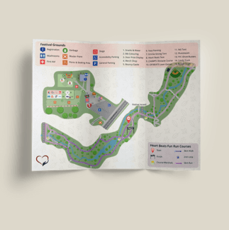 Map of the Heart Beats Fun Run & Walk festival grounds, showing route layout, activity zones, amenities, and accessibility features for the 16th annual event.