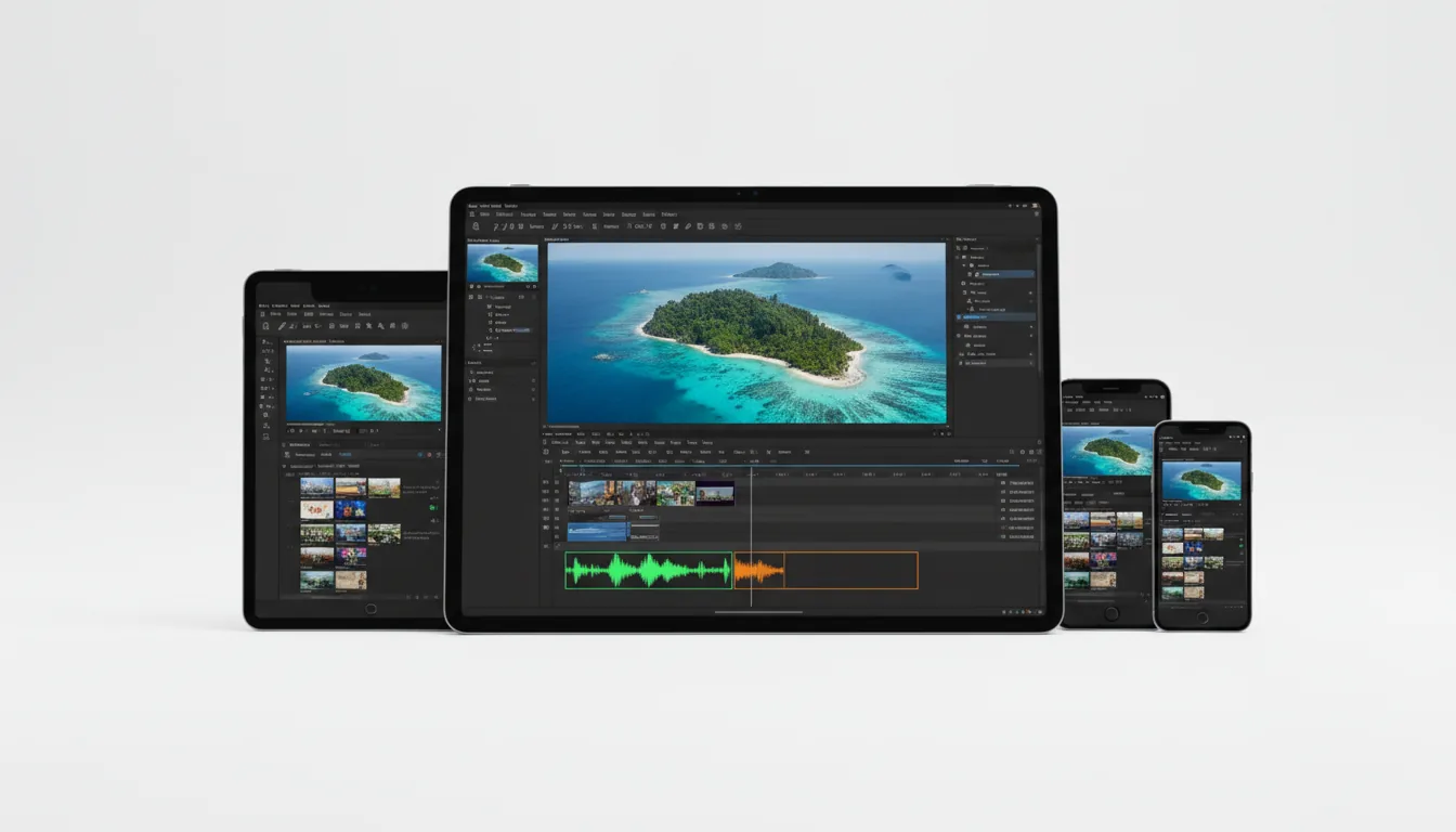 A clean product marketing shot of multiple electronic devices—a large tablet, a smaller iPad, and two smartphones—arranged on a seamless white background. All screens display the user interface of Adobe Premiere Pro video editing software in a sleek Modern Dark Mode. The UI features a central preview window showing a vibrant, high-resolution drone shot of lush green tropical islands in turquoise water. Below the preview is a complex multi-track timeline with video clip thumbnails, a bright green audio waveform, and a selected clip highlighted in orange. The composition has soft global illumination, creating a professional and polished aesthetic with subtle device shadows.