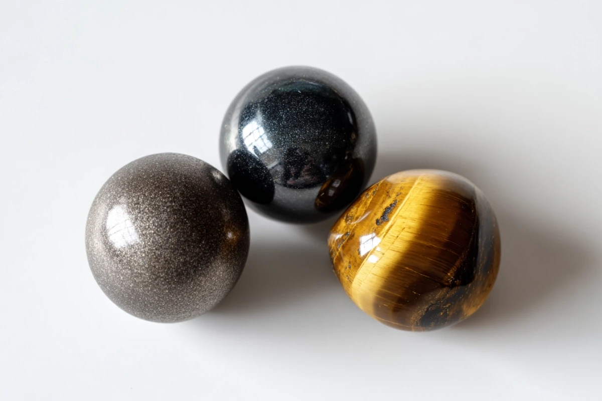 Hematite, black obsidian, and tiger's eye stones on simple surface