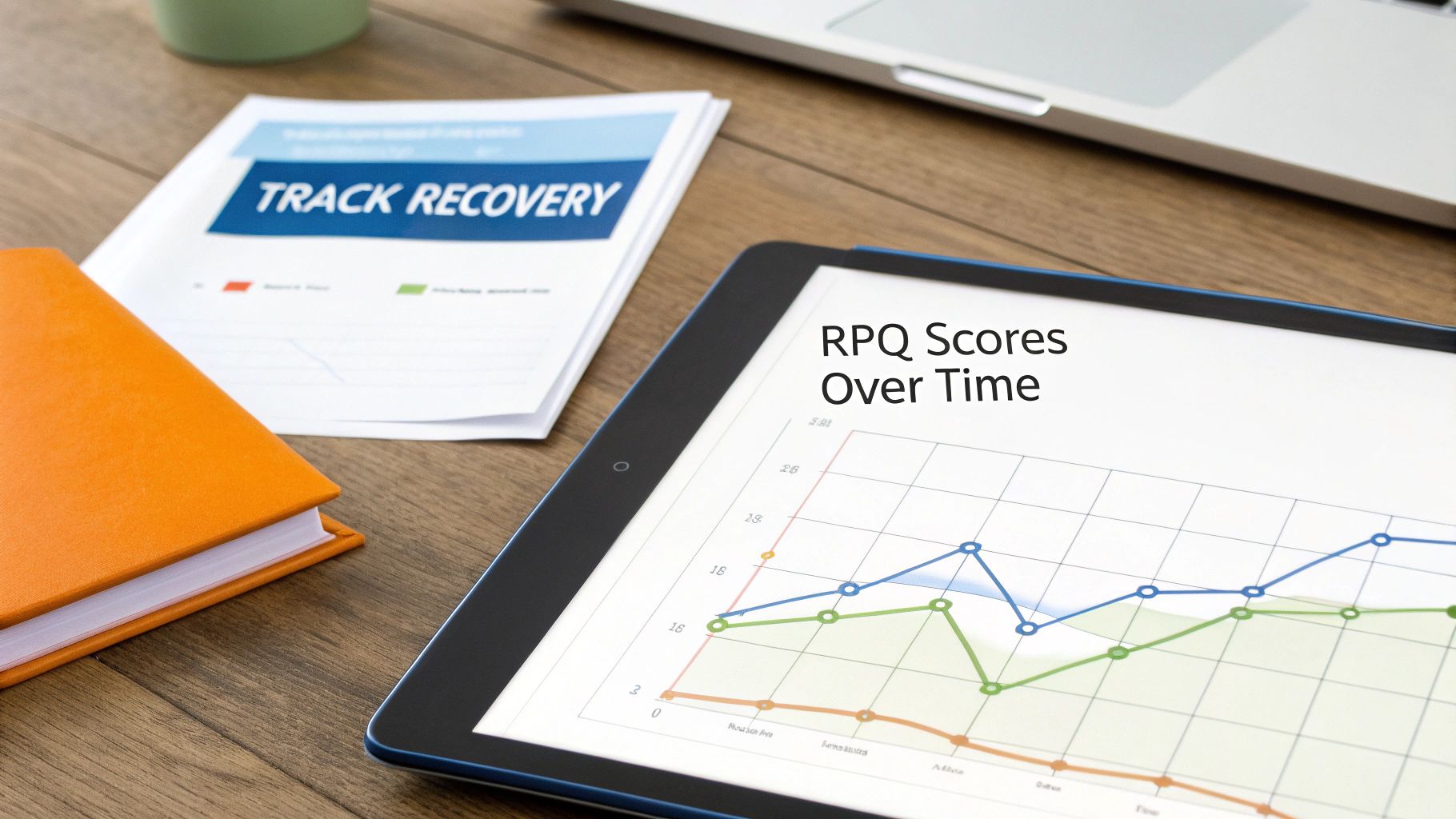 A tablet displays an 'RPQ Scores Over Time' line graph next to a 'TRACK RECOVERY' document and an orange notebook.