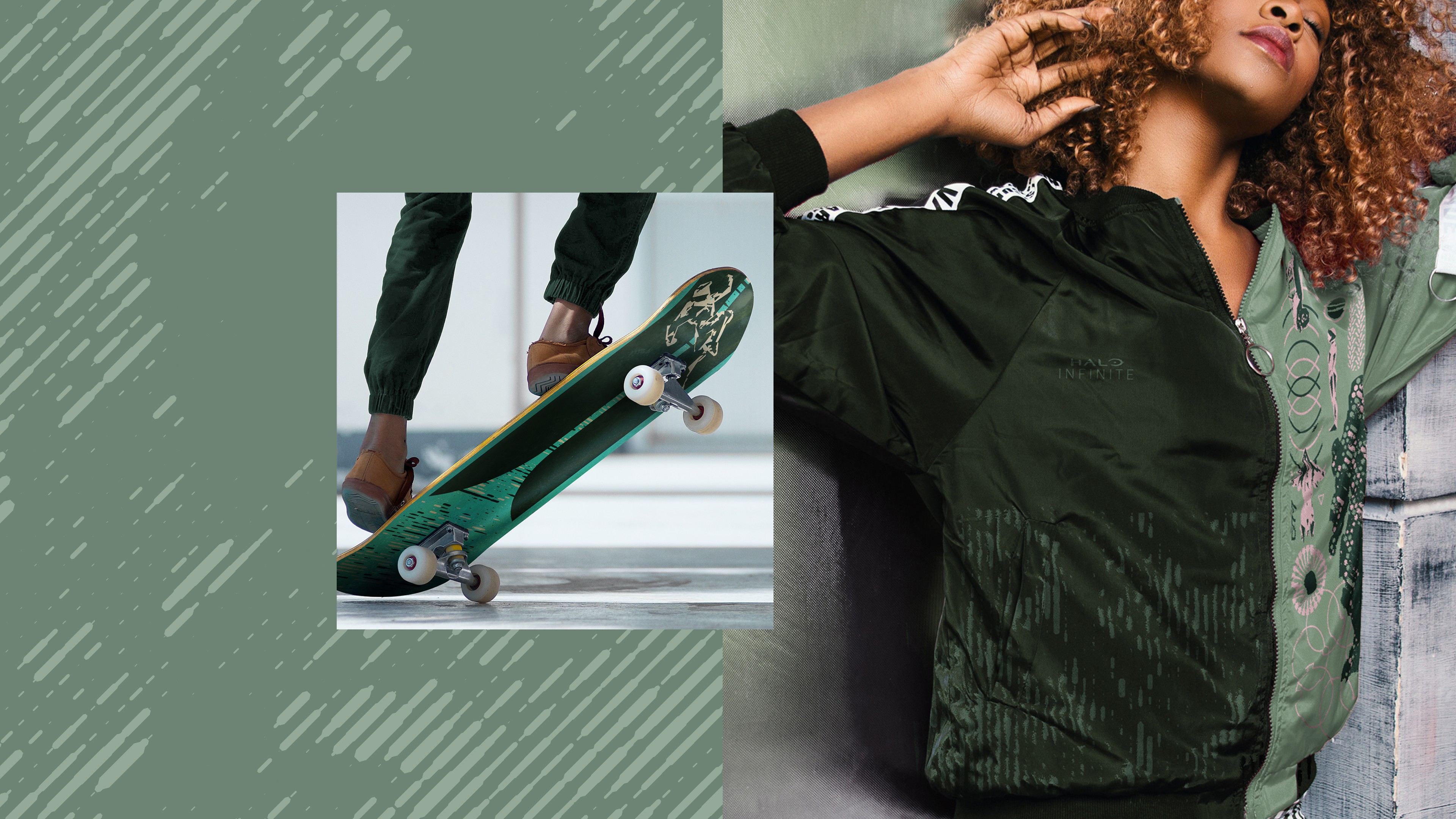Halo branded skateboard and jacket
