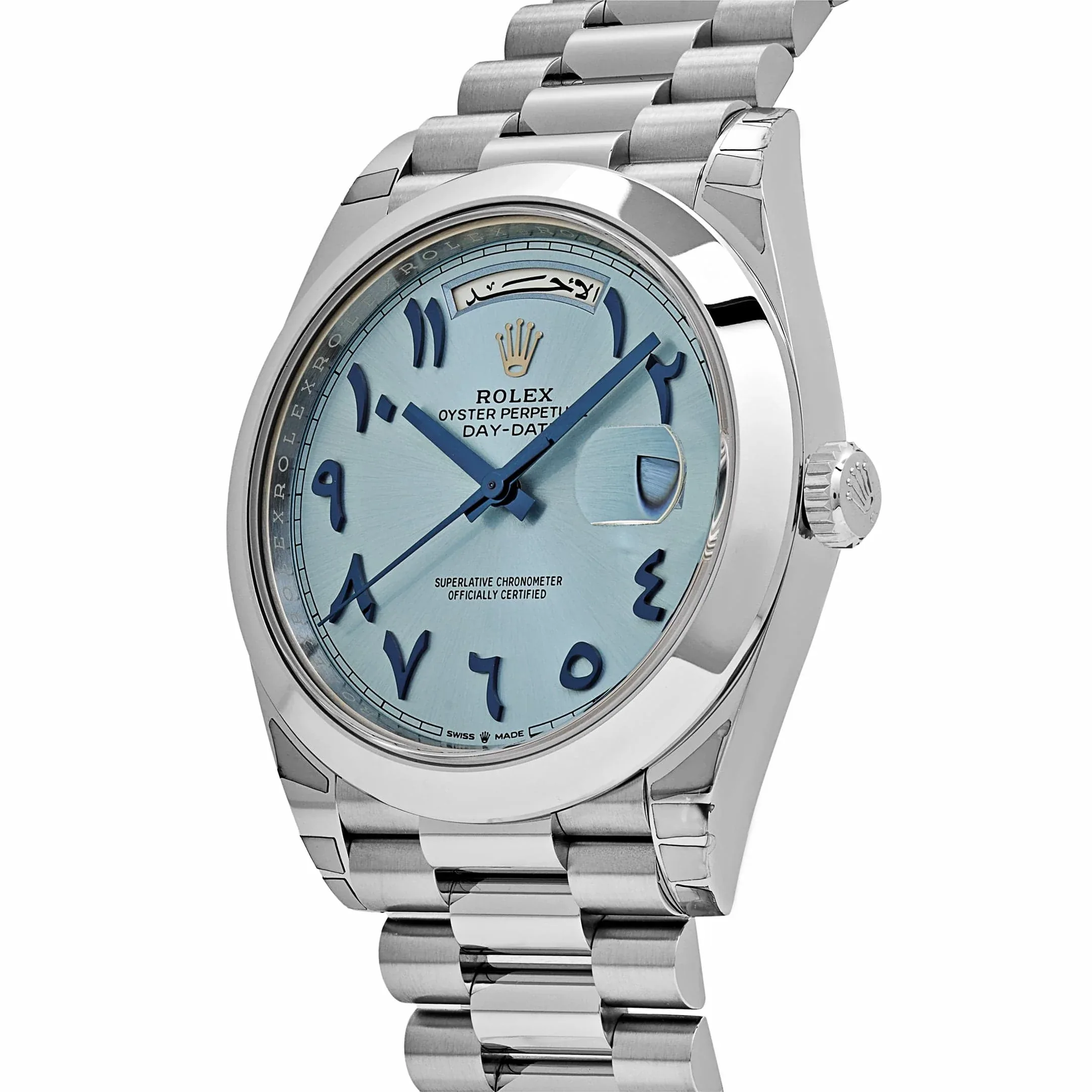 Buy the Rolex Day-Date 40 Platinum Arabic Dial 228206 in Dubai – angled view