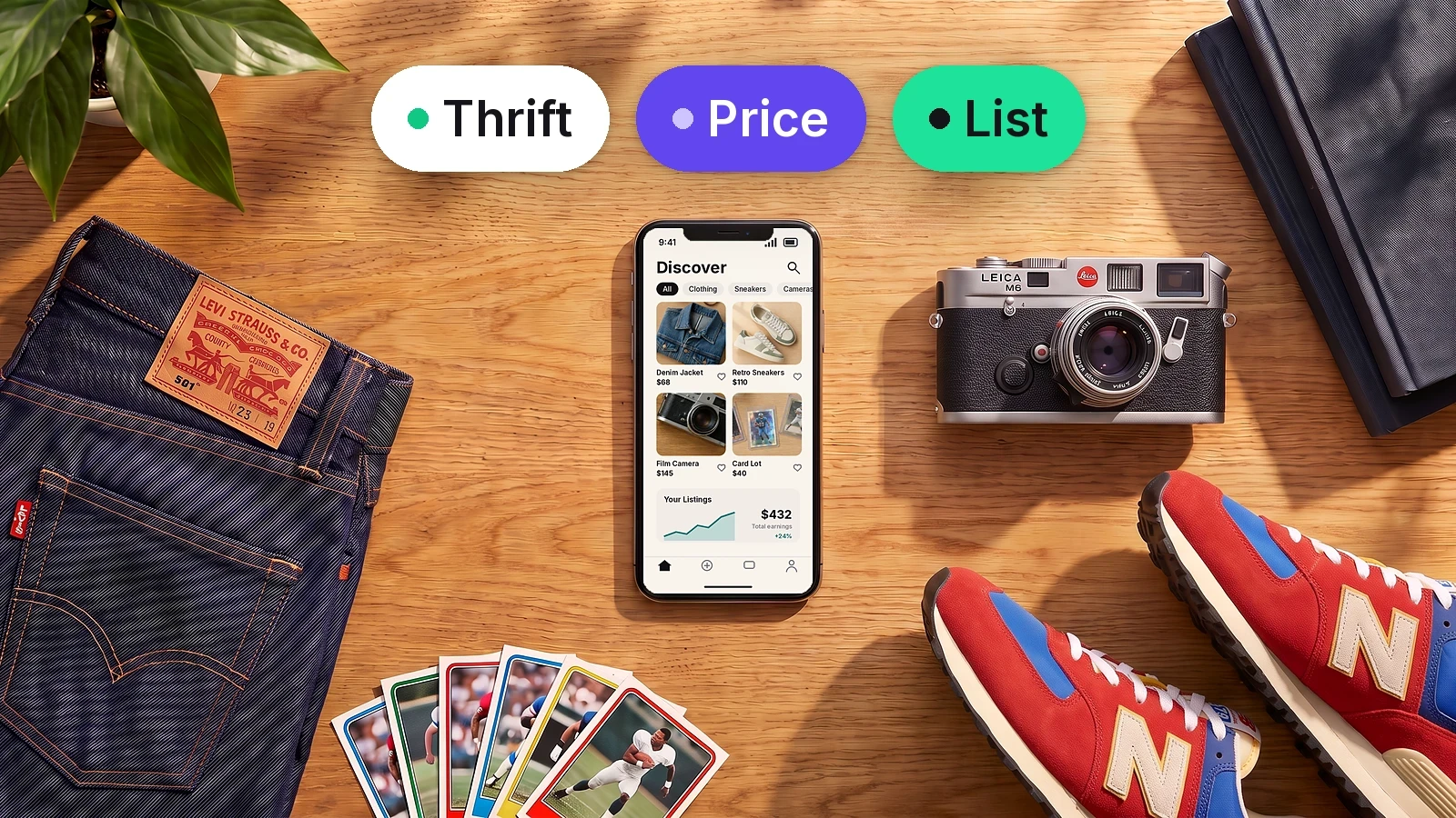Thrift, price and list tags above a phone showing a resale app, surrounded by jeans, sneakers, a camera and trading cards